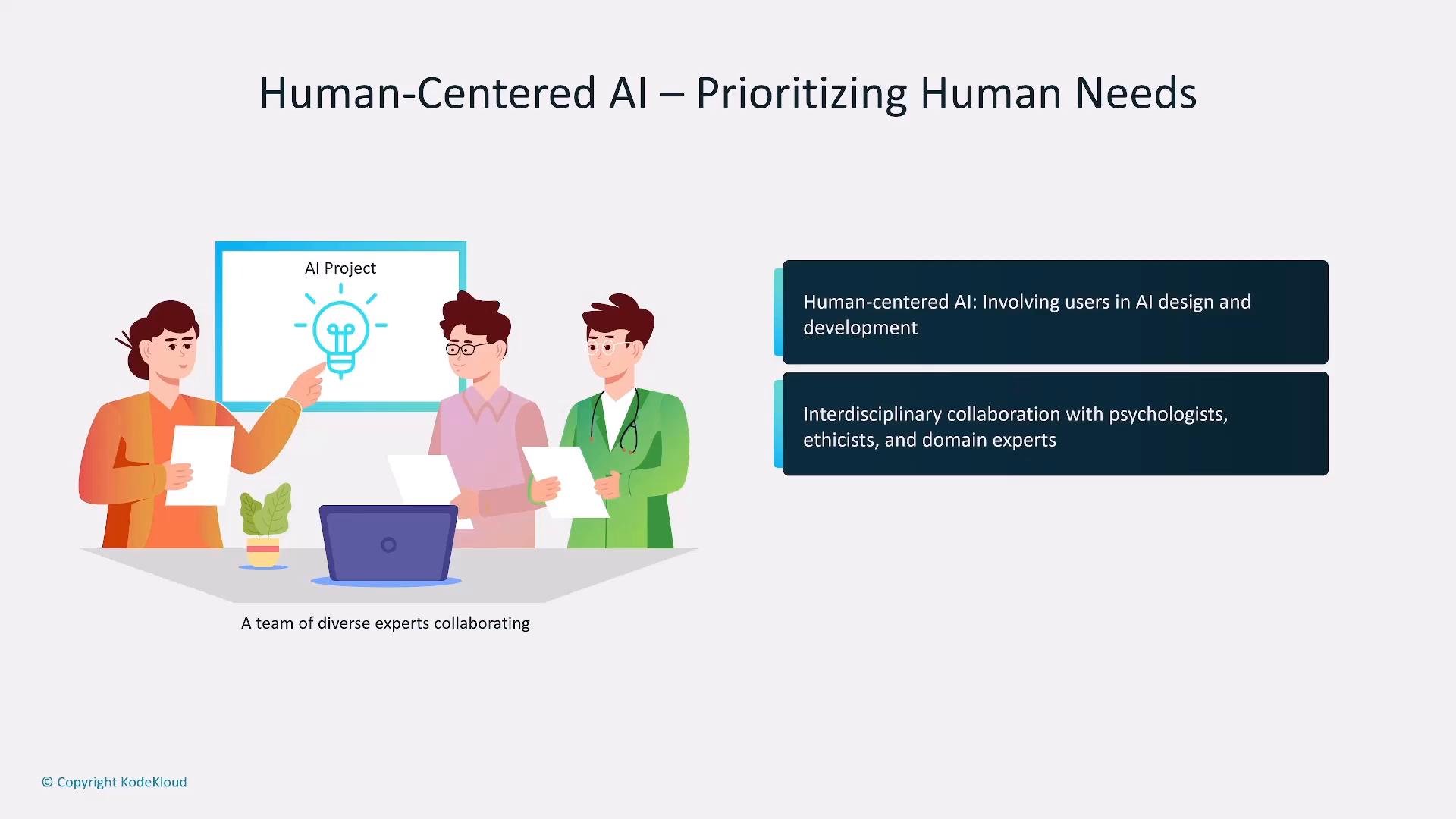 A presentation slide titled "Human-Centered AI – Prioritizing Human Needs" shows an illustration of three diverse experts collaborating in front of a screen labeled "AI Project." Two text boxes highlight involving users in AI design and interdisciplinary collaboration with psychologists, ethicists, and domain experts.