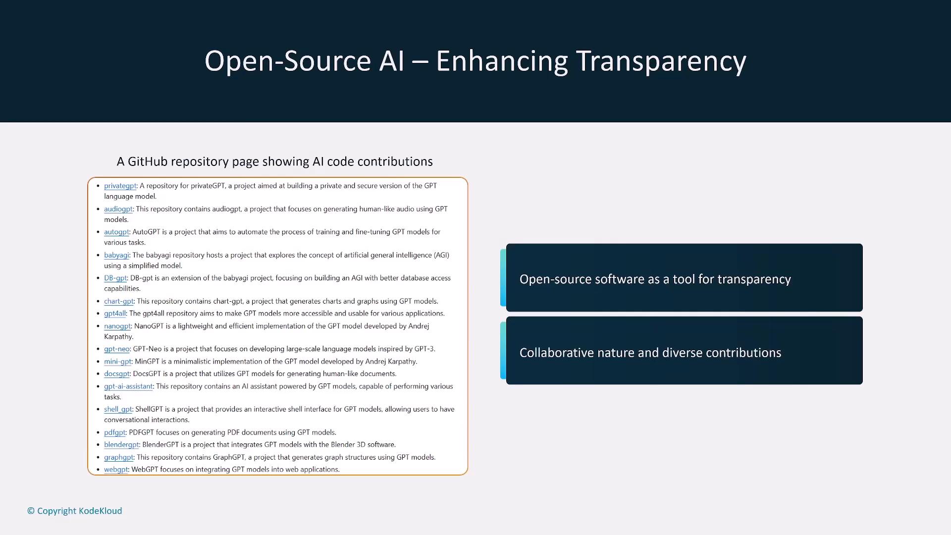 A presentation slide titled "Open-Source AI – Enhancing Transparency" showing a left column listing GitHub AI project repositories and brief descriptions. On the right are two highlighted points reading "Open-source software as a tool for transparency" and "Collaborative nature and diverse contributions."