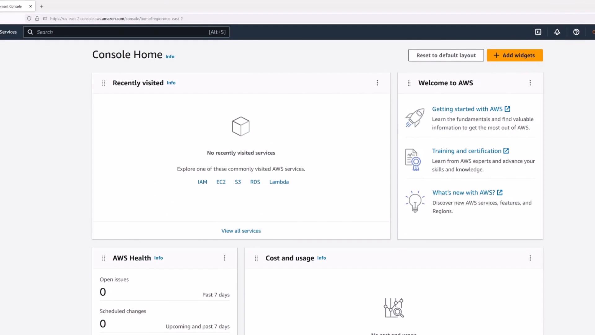 A screenshot of the AWS Management Console Home page showing dashboard widgets like "Recently visited," "Welcome to AWS," "AWS Health," and "Cost and usage." The top shows the console header and search bar.