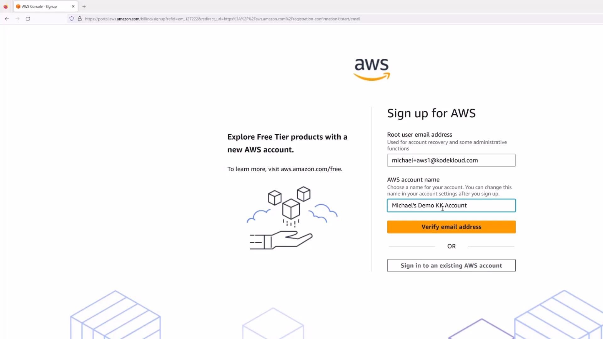 A screenshot of the AWS "Sign up for AWS" webpage showing the AWS logo, a promo for Free Tier, and a form with fields for root user email and AWS account name. The page includes a highlighted "Verify email address" button.