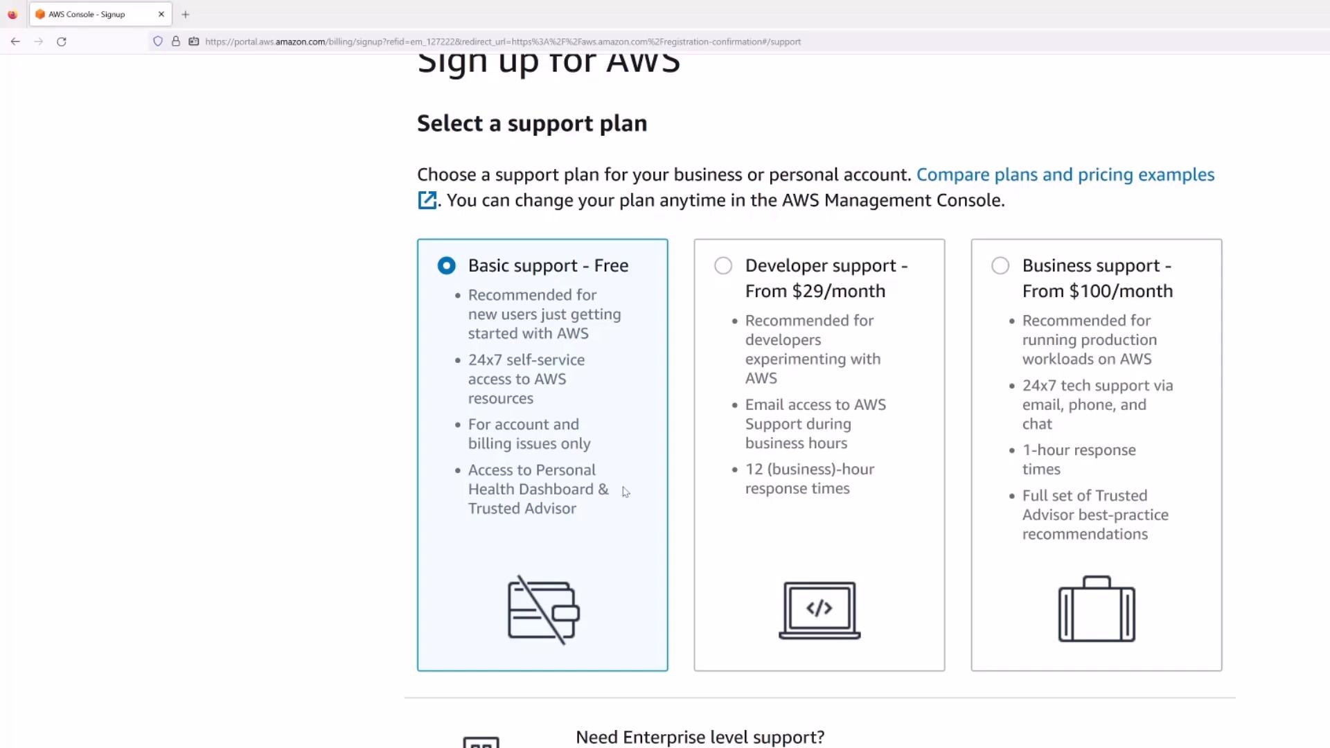 A screenshot of the AWS signup page showing a "Select a support plan" section with three columns for Basic (Free), Developer (From 29/month), and Business (From 100/month) support and their bullet-point features. The Basic support column is highlighted/selected.
