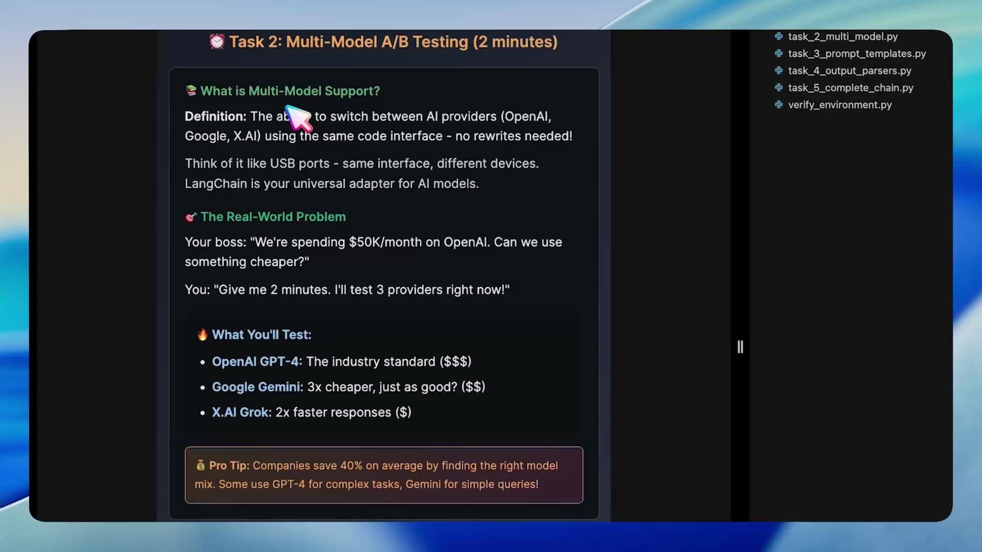 A screenshot of a tutorial slide titled "Task 2: Multi-Model A/B Testing (2 minutes)" explaining multi-model support and listing models to test (OpenAI GPT-4, Google Gemini, X.AI Grok). The slide shows a real-world problem example, a testing checklist and a pro tip about cost savings, with a file/code sidebar visible on the right.