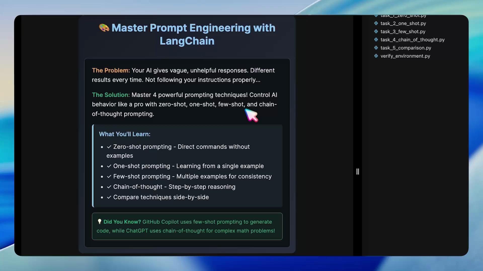 A screenshot of a tutorial titled "Master Prompt Engineering with LangChain" that outlines prompting techniques like zero-shot, one-shot, few-shot, and chain-of-thought. The right sidebar shows a file list of Python task scripts.