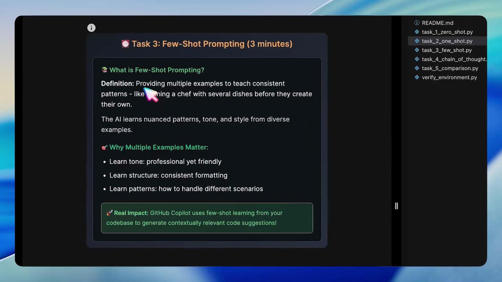 A dark-themed screen showing a presentation card titled "Task 3: Few-Shot Prompting (3 minutes)" with a definition and bullet points explaining why multiple examples matter. On the right is a file/sidebar list with Python files like task_2_one_shot.py and task_3_few_shot.py.