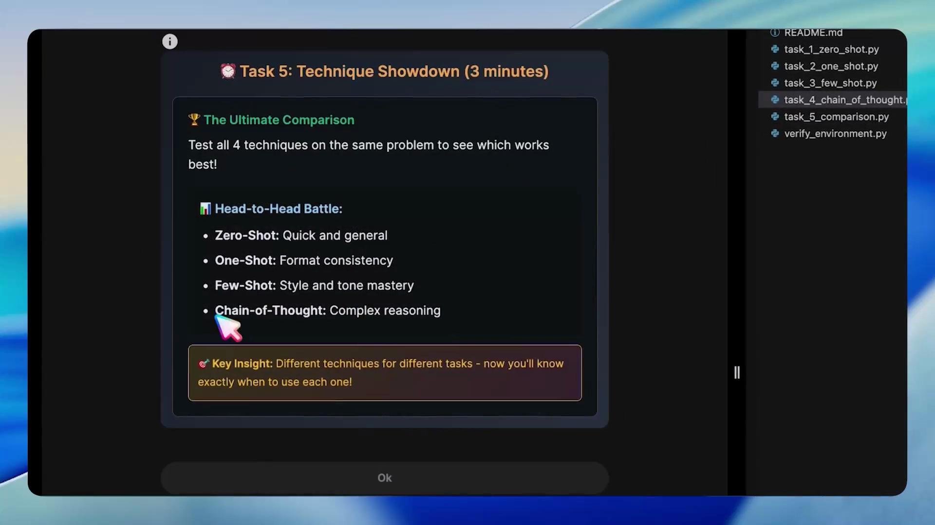 A dark-themed slide titled "Task 5: Technique Showdown" listing and briefly describing four prompting techniques (Zero-Shot, One-Shot, Few-Shot, Chain-of-Thought) with a highlighted key insight box; a colorful cursor points at "Chain-of-Thought." A file sidebar with task filenames is visible along the right edge of the screen.