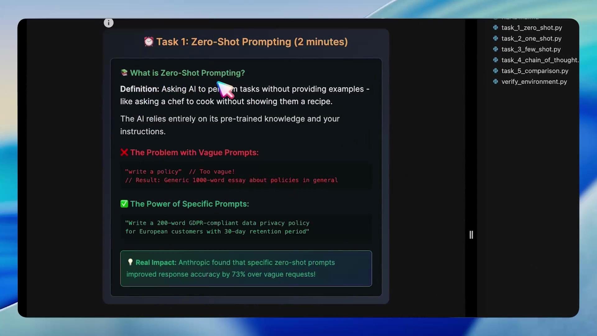 A screenshot of a presentation slide titled "Task 1: Zero-Shot Prompting (2 minutes)" that defines zero-shot prompting, contrasts vague vs. specific prompts, and gives example prompts. A dark sidebar on the right lists code filenames (e.g., task_1_zero_shot.py).