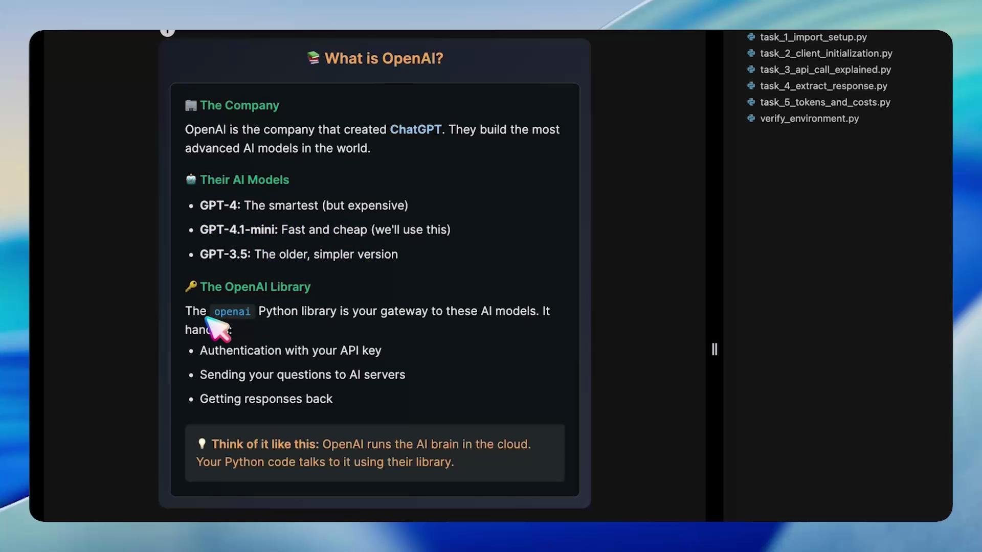 A dark-themed screenshot of a tutorial titled "What is OpenAI?" listing OpenAI models (GPT-4, GPT-4.1‑mini, GPT-3.5) and describing the OpenAI Python library. A file sidebar with example Python task filenames is visible on the right.