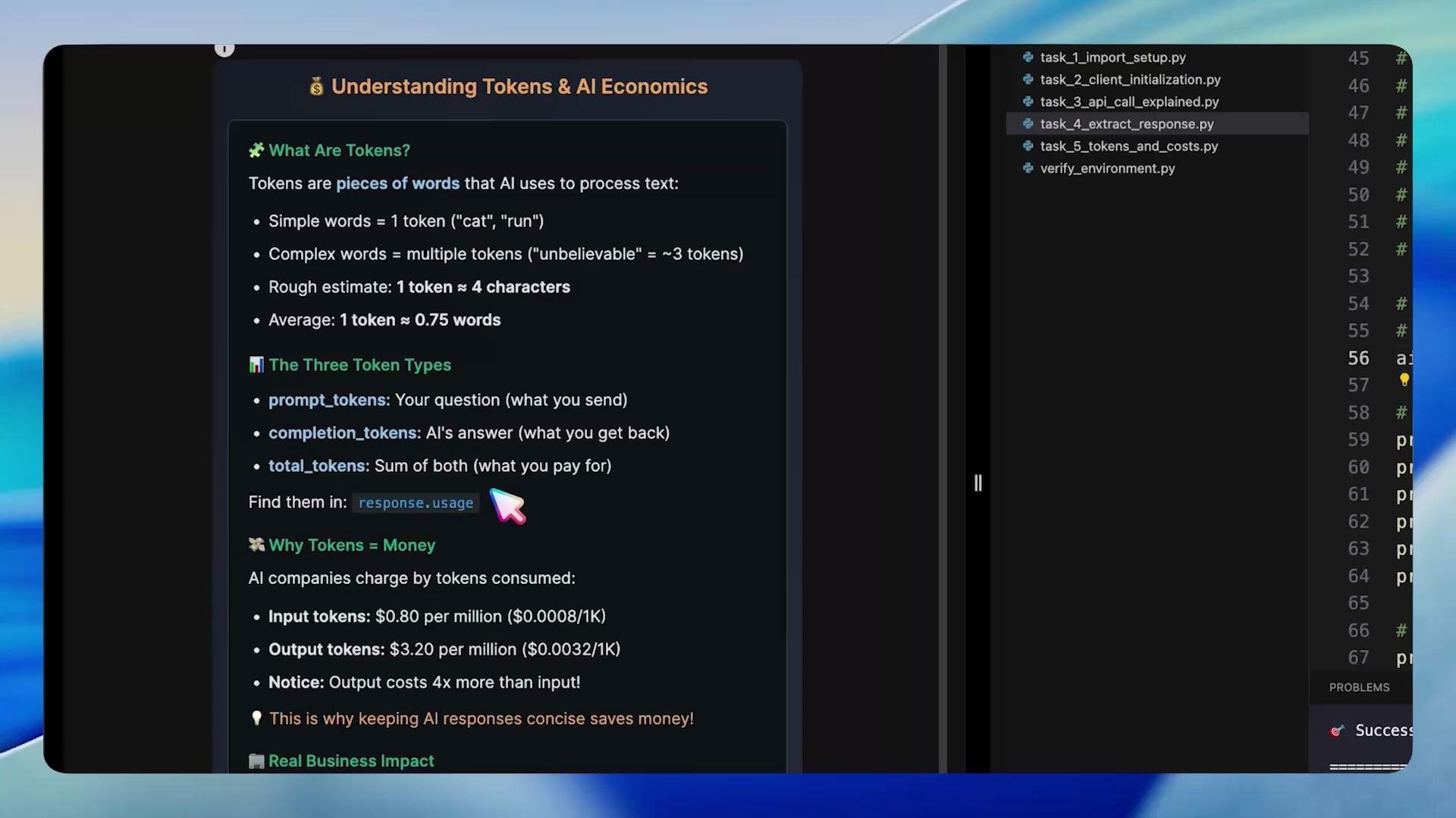 A screenshot of a dark-themed code editor and documentation titled "Understanding Tokens & AI Economics," showing bullet points about token types, costs, and where to find usage. The right side shows a file list with Python scripts (e.g., task_4_extract_response.py).