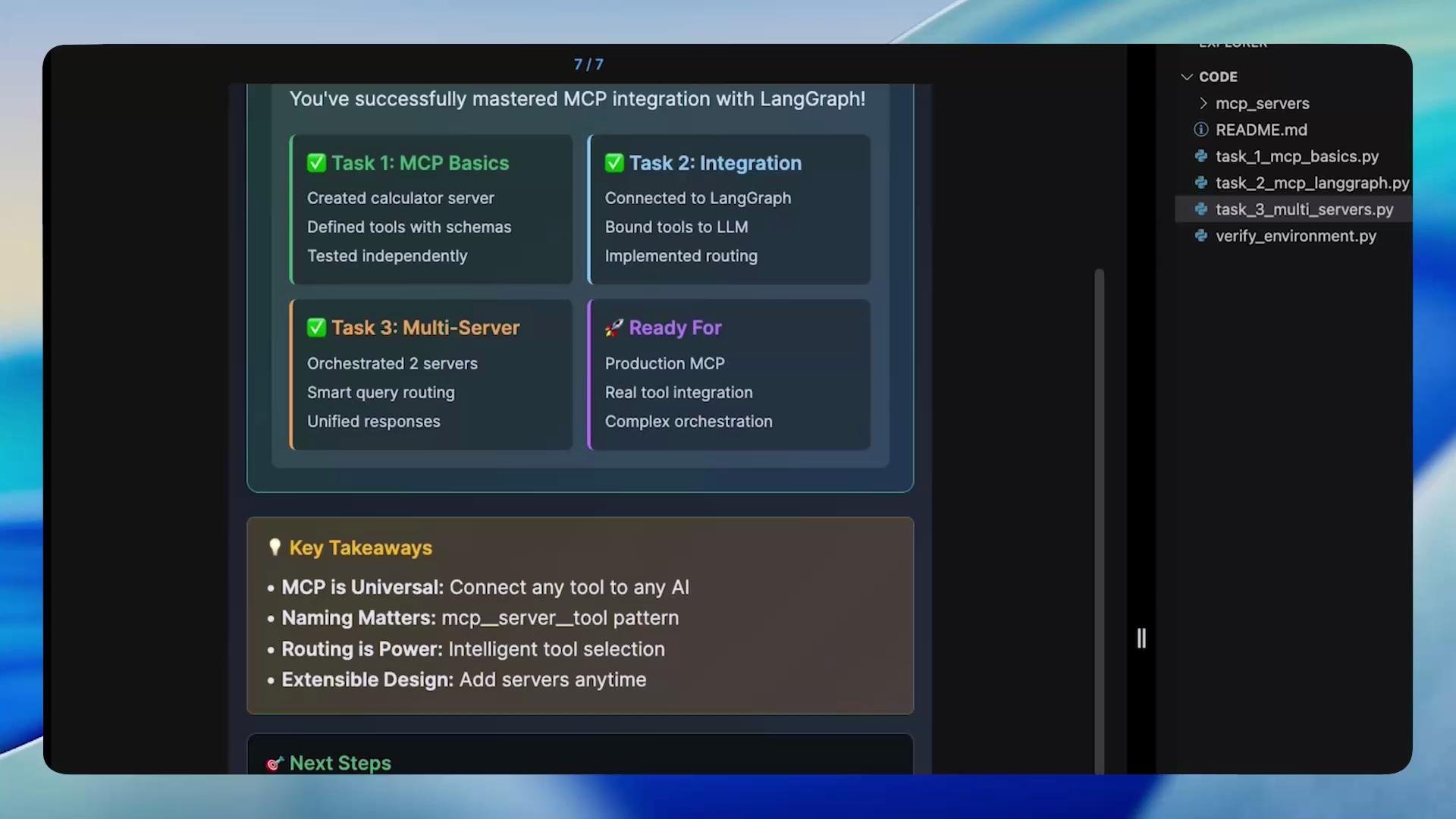 A screenshot of a developer tutorial UI showing completed MCP integration with LangGraph: four task cards (MCP Basics, Integration, Multi-Server, Ready For) and a "Key Takeaways" panel listing points about MCP, naming, routing, and extensibility. A file explorer with Python files is visible in a dark sidebar on the right.