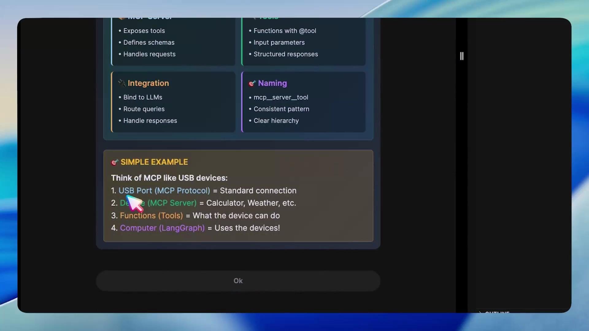 A dark-themed screenshot of a slide or app UI showing a "SIMPLE EXAMPLE" box that compares MCP to USB devices with a numbered list (USB Port, Device, Functions, Computer). A colorful mouse cursor points at the list and nearby panels show headings like Integration and Naming.