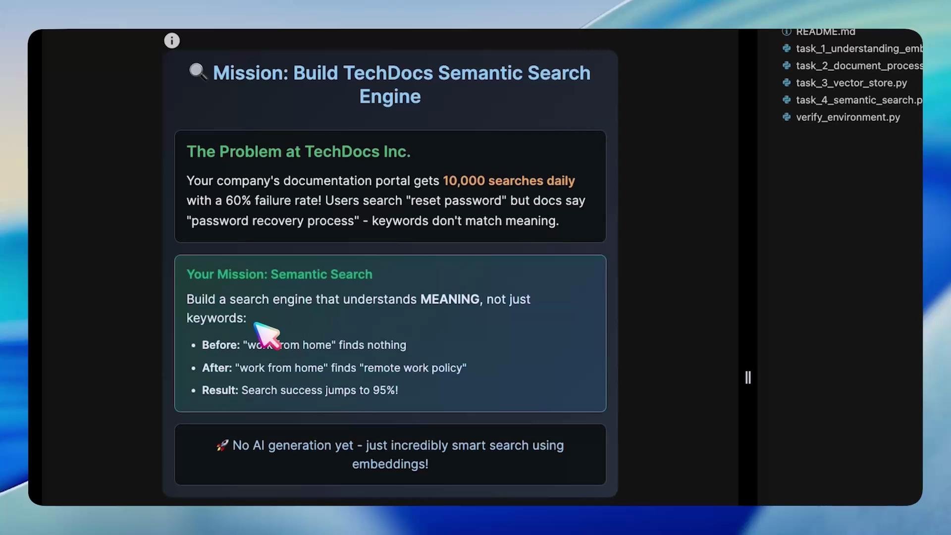 A screenshot of a presentation or tutorial page titled "Mission: Build TechDocs Semantic Search Engine" that explains a documentation search problem (high failure rate due to keyword mismatches) and outlines a mission to build a semantic search engine to improve results. The page shows Before/After examples and a note about using embeddings rather than AI generation.