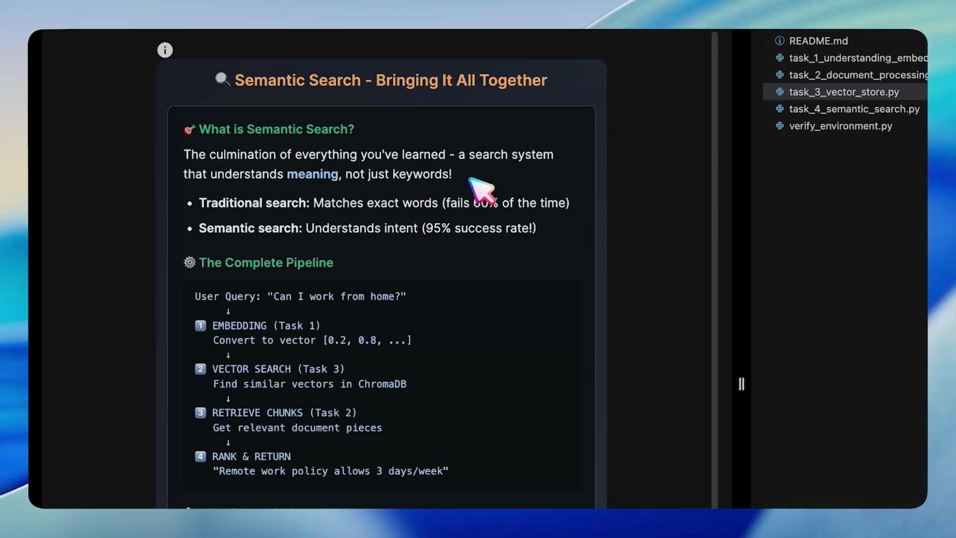 A dark-themed screenshot of a slide or docs page titled "Semantic Search - Bringing It All Together," explaining semantic vs. traditional search. It shows a pipeline of steps (embedding, vector search, retrieve chunks, rank & return) and a file/sidebar on the right.
