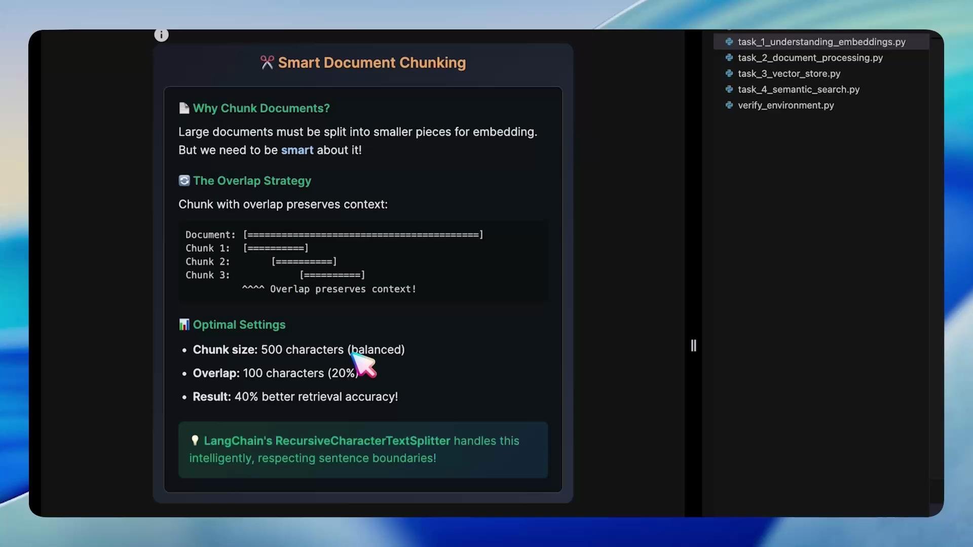 A screenshot of a "Smart Document Chunking" guide that explains the overlap strategy and optimal settings (e.g., chunk size 500 chars, overlap 100 chars). A dark sidebar on the right lists Python files like task_1_understanding_embeddings.py.
