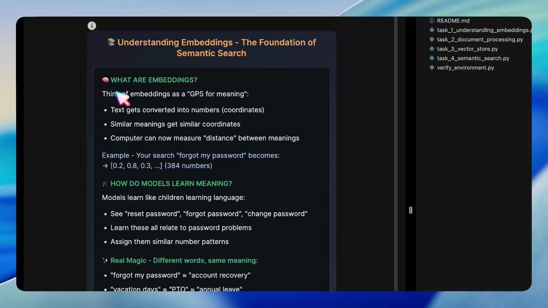 A screenshot of a dark-themed slide or document titled "Understanding Embeddings — The Foundation of Semantic Search" with bullet points explaining embeddings and how models learn meaning. A file/sidebar with Python filenames is visible on the right and a colorful cursor points near the heading.
