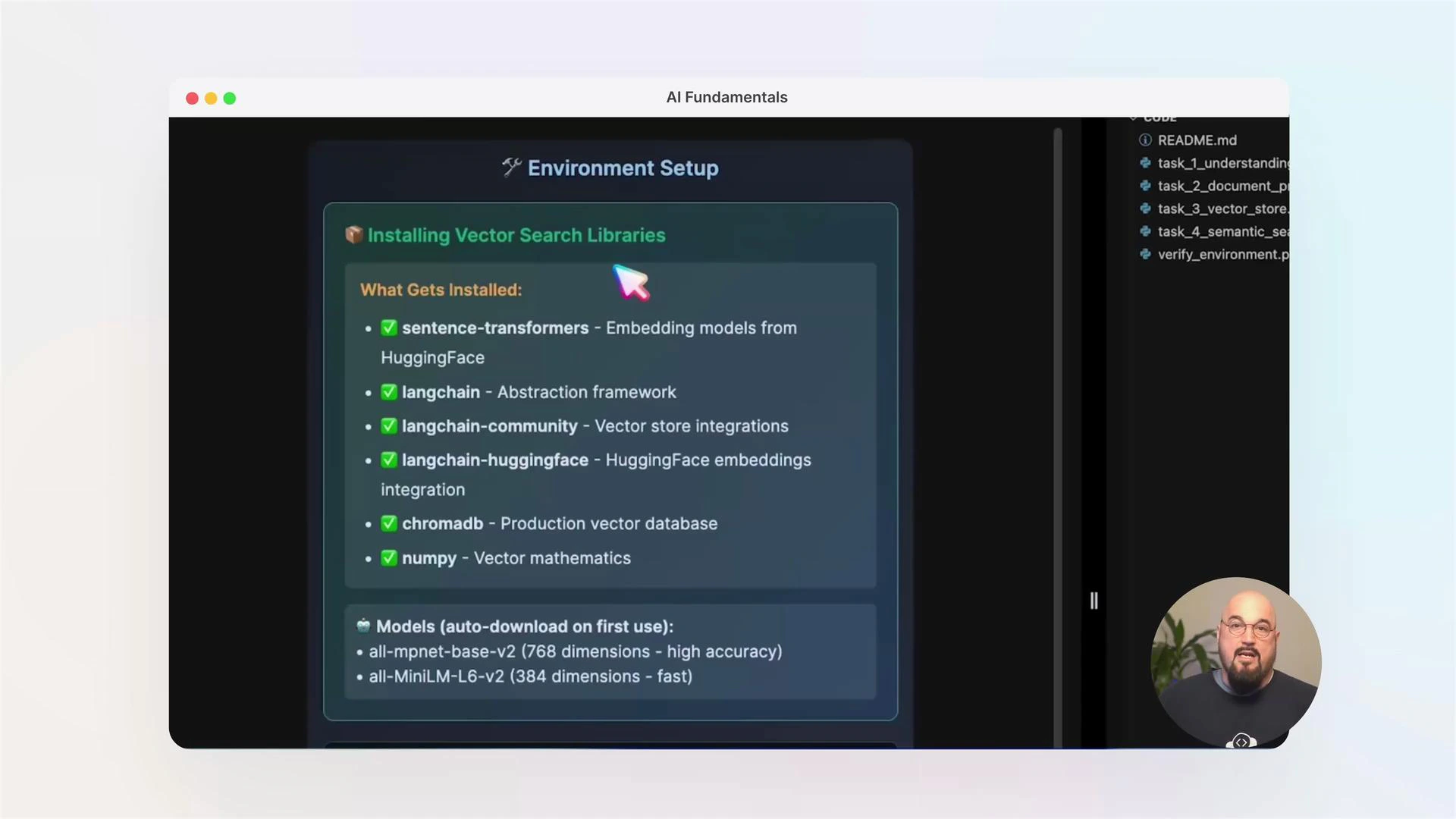A screenshot of an "Environment Setup" slide showing a checklist of vector search libraries and models to be installed (e.g., sentence-transformers, langchain, chromadb, numpy). A small circular video inset of a speaker appears in the bottom-right corner.