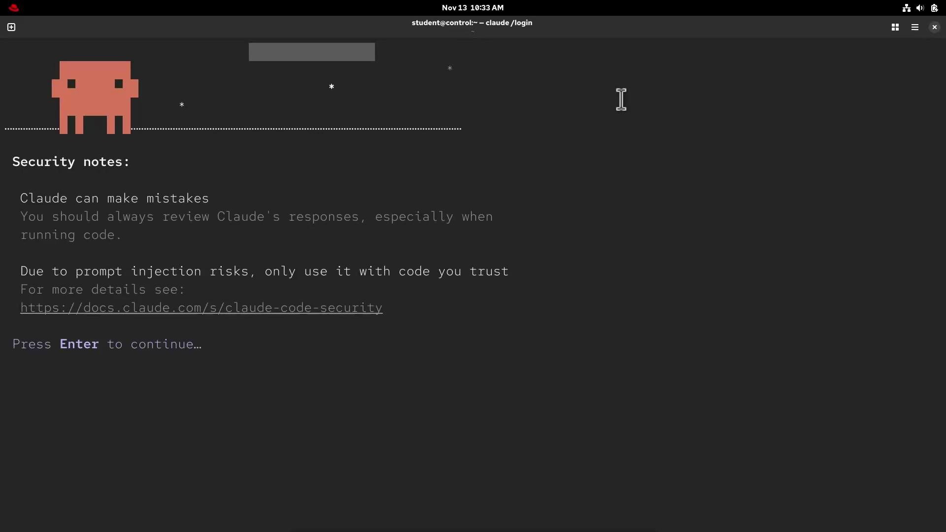 A dark terminal-style screen displaying "Security notes" about Claude — warning that Claude can make mistakes and advising caution with code and prompt injection, plus a link to documentation. An orange ASCII-art character appears at the top left and a "Press Enter to continue…" prompt is shown.