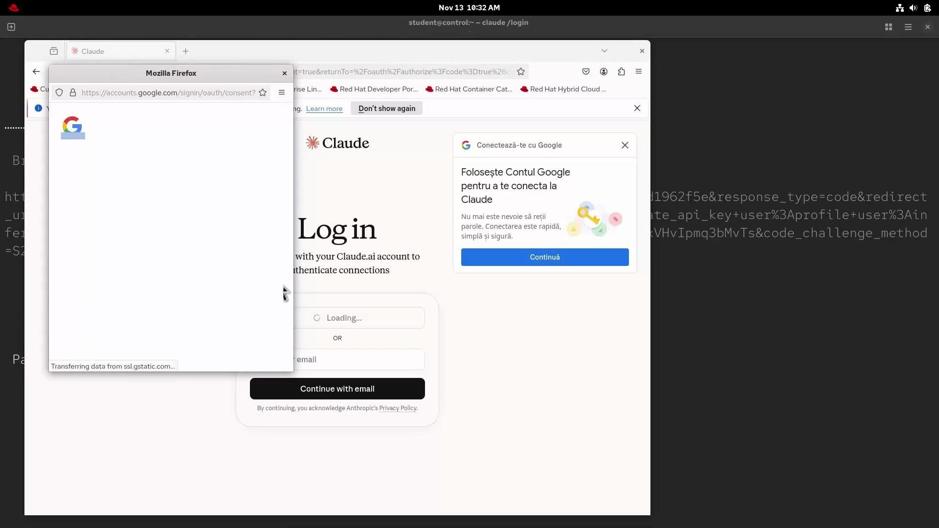 A computer desktop screenshot showing a Firefox browser open to the Claude.ai login page with a Google sign-in popup window loading. A smaller dialog on the page prompts the user to connect using a Google account (the prompt text appears in Romanian).