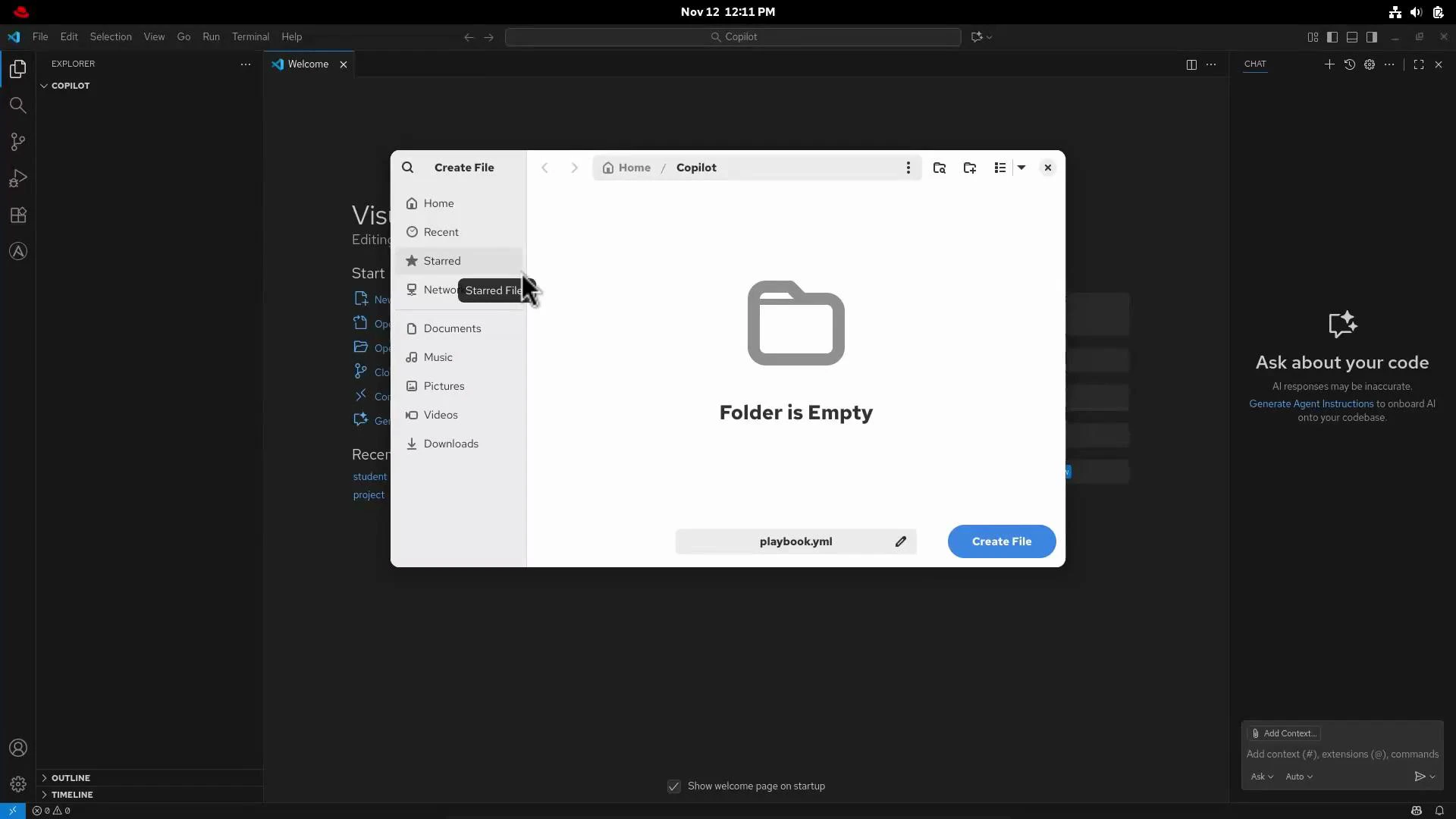 A dark-themed code editor window with a centered file browser dialog showing a large "Folder is Empty" message. The dialog sidebar lists folders like Home, Recent, and Starred, and a filename "playbook.yml" with a "Create File" button is visible.