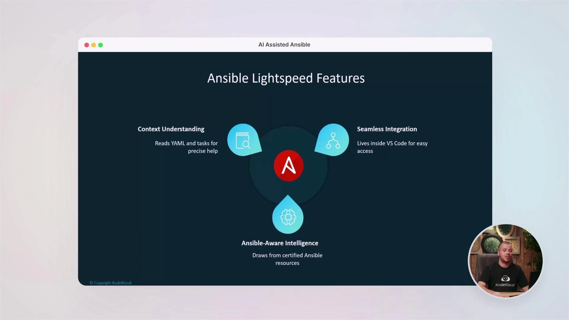 A presentation slide titled "Ansible Lightspeed Features" showing three feature icons around an Ansible logo, with a small circular presenter video thumbnail in the lower-right. The features listed are Context Understanding, Seamless Integration, and Ansible‑Aware Intelligence.
