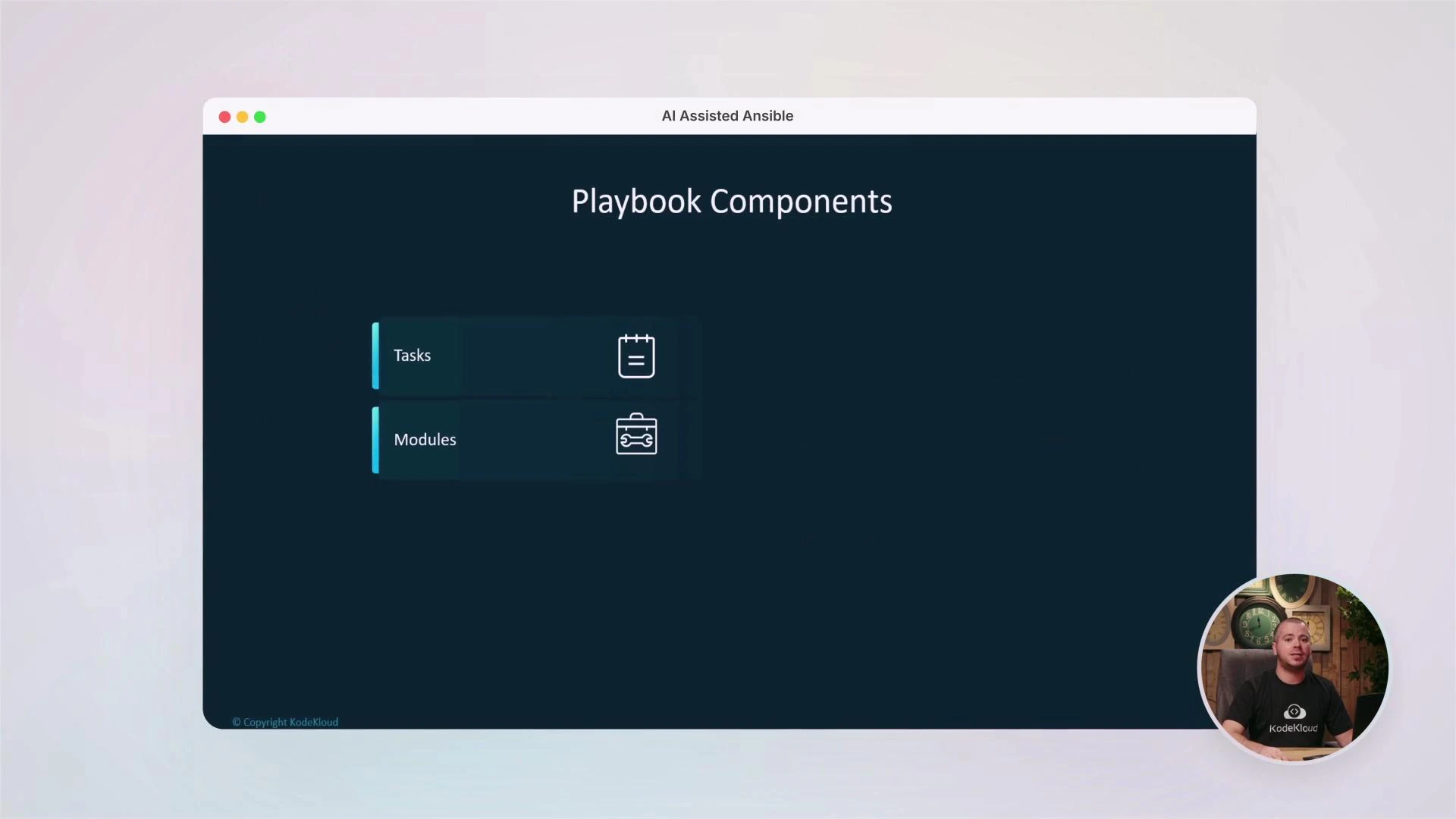A presentation slide titled "Playbook Components" listing two items — "Tasks" and "Modules" — each with an icon. There's also a small circular video inset of a presenter in the bottom-right corner.