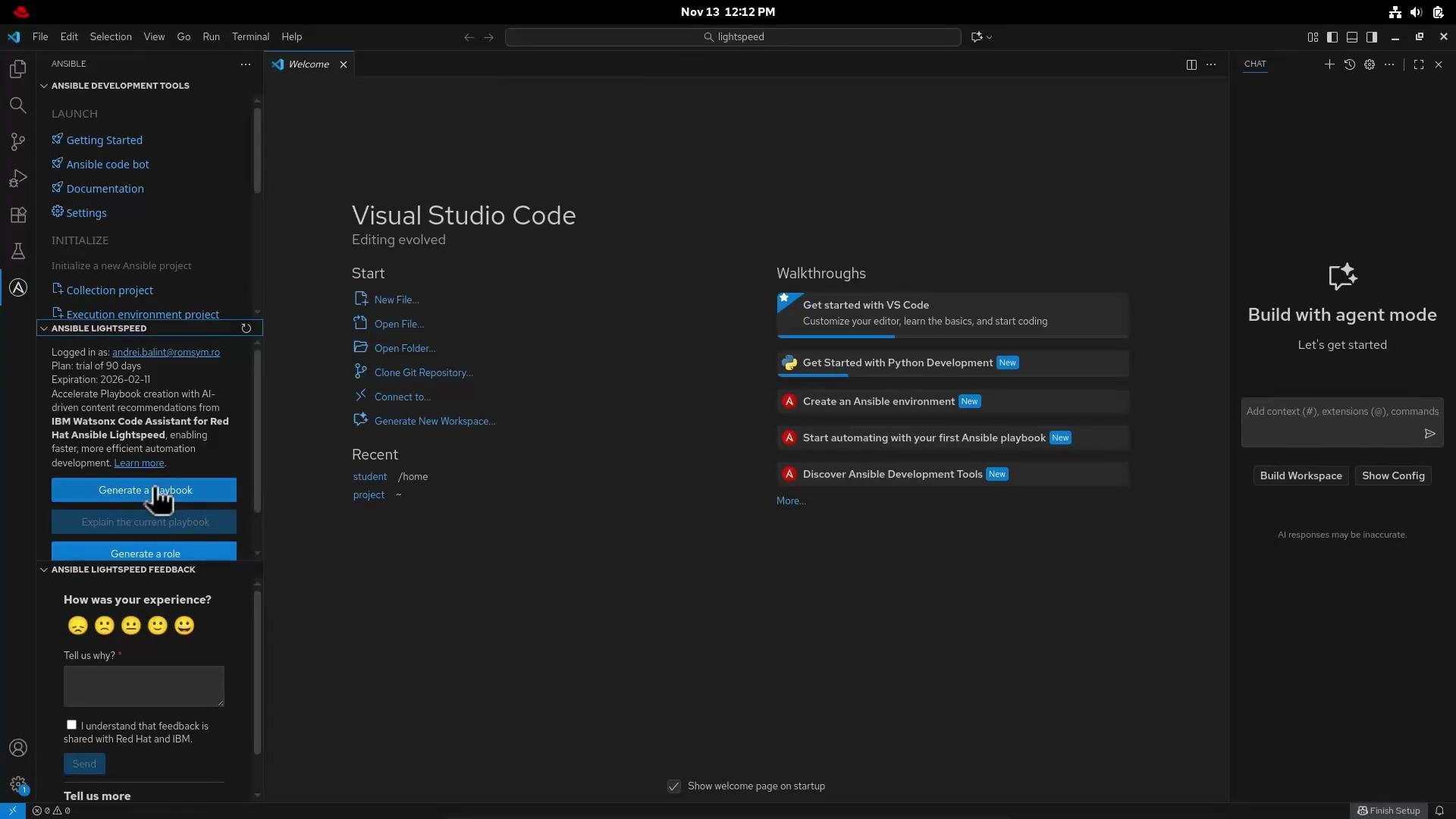 A dark-themed Visual Studio Code welcome screen showing Ansible Lightspeed controls in a left sidebar, walkthroughs and start options in the center, and a "Build with agent mode" pane on the right. The UI also displays buttons for generating playbooks and roles and a feedback section.