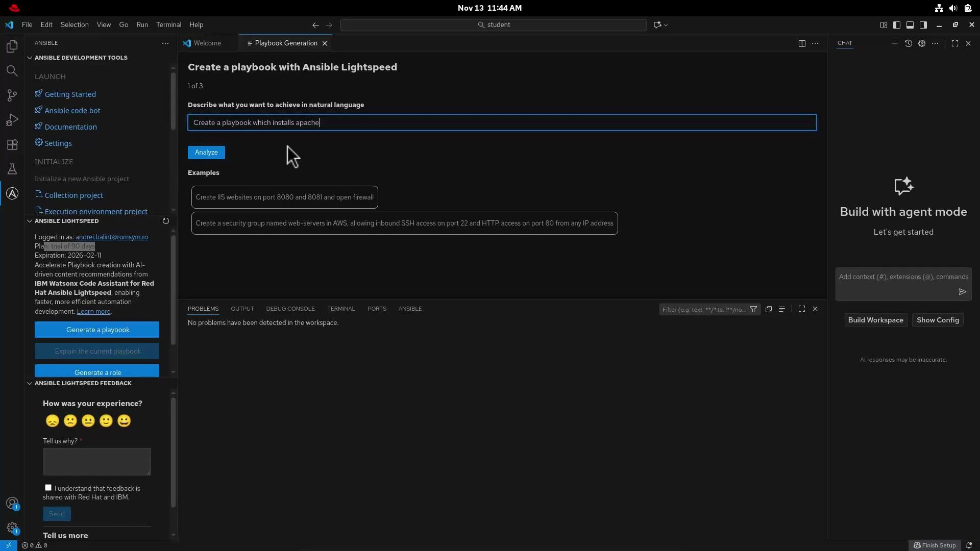A dark-themed Visual Studio Code window displaying the Ansible Lightspeed "Create a playbook" panel, with the text "Create a playbook which installs apache" entered and an "Analyze" button. Sidebars show Ansible development tools on the left and a "Build with agent mode" pane on the right.