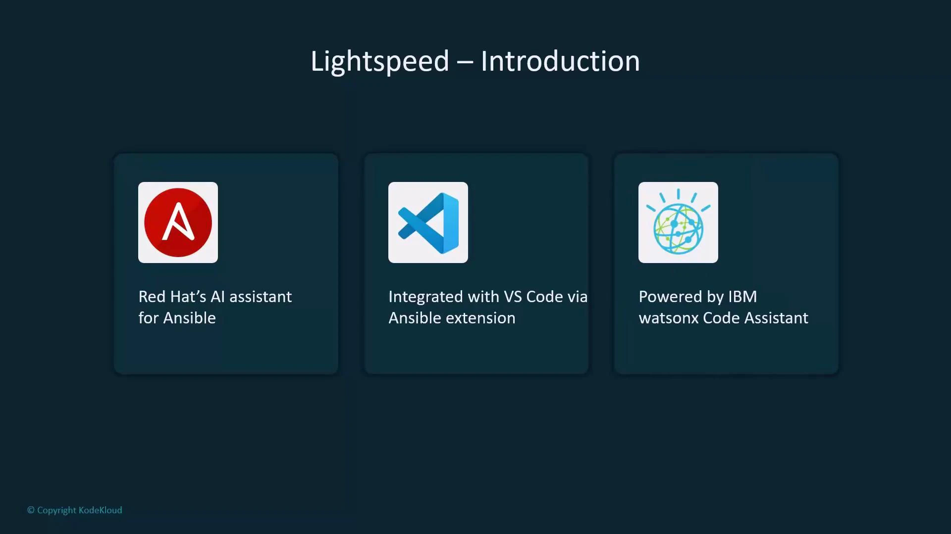 A presentation slide titled "Lightspeed – Introduction" with three cards. The cards describe Red Hat’s AI assistant for Ansible, integration with VS Code via an Ansible extension, and that it’s powered by IBM watsonx Code Assistant.