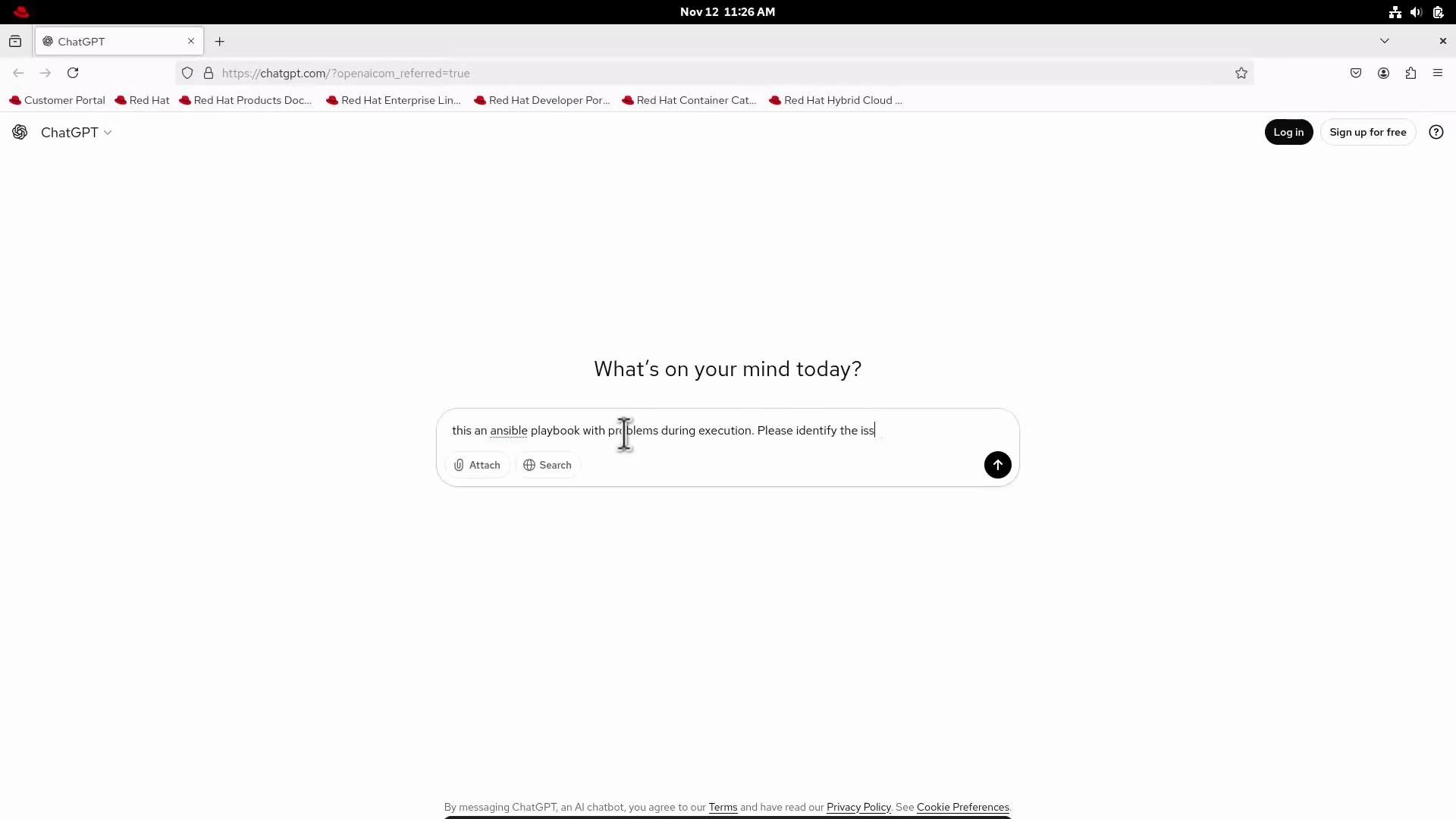 A screenshot of the ChatGPT webpage with the central prompt "What's on your mind today?" and a typed message mentioning an Ansible playbook. Browser tabs and a Red Hat-themed toolbar are visible along the top.