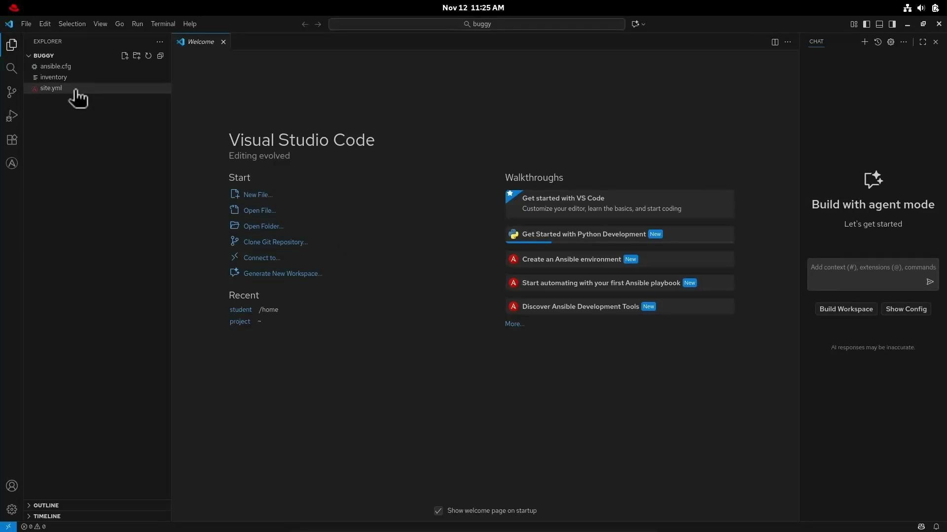 A screenshot of Visual Studio Code in dark theme showing the Welcome page and Explorer panel with a folder named "BUGGY" containing files like ansible.cfg, inventory, and site.yml. The right side shows walkthroughs and an "Build with agent mode" panel.