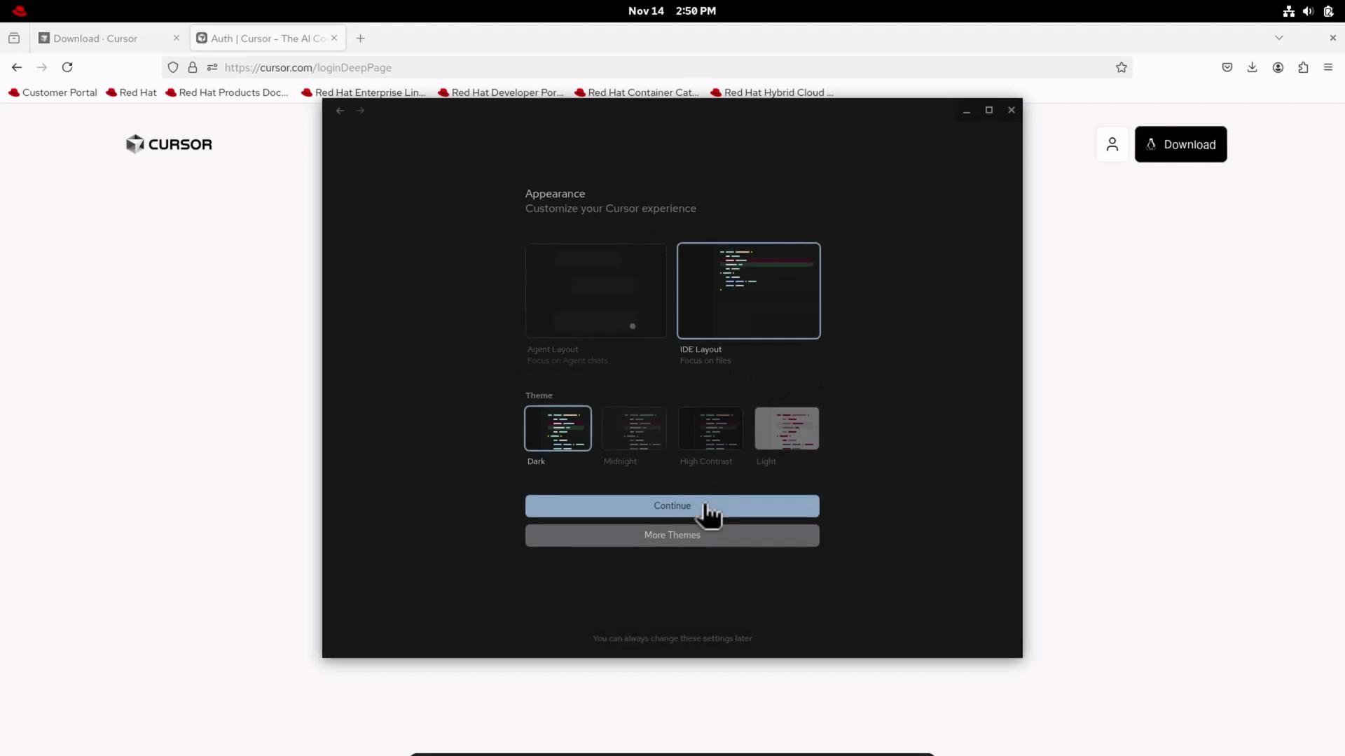 A browser screenshot of the Cursor website showing a dark "Appearance" settings panel with layout and theme options (IDE layout and Dark theme) and a highlighted "Continue" button with a hand cursor.
