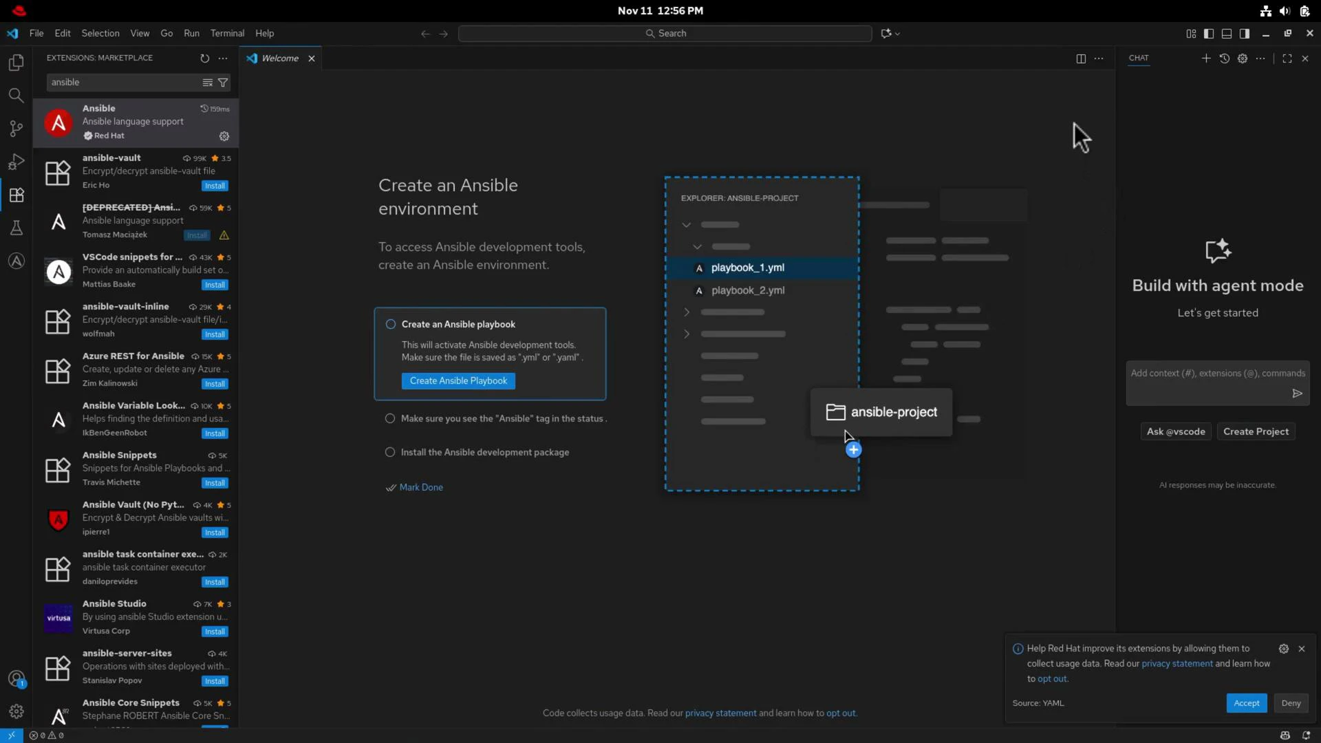 A dark-themed Visual Studio Code window showing the Extensions Marketplace with Ansible-related extensions on the left and a central welcome panel titled "Create an Ansible environment" that illustrates creating an Ansible playbook and project. The right side shows a "Build with agent mode" pane and a small notification about Red Hat extension telemetry.