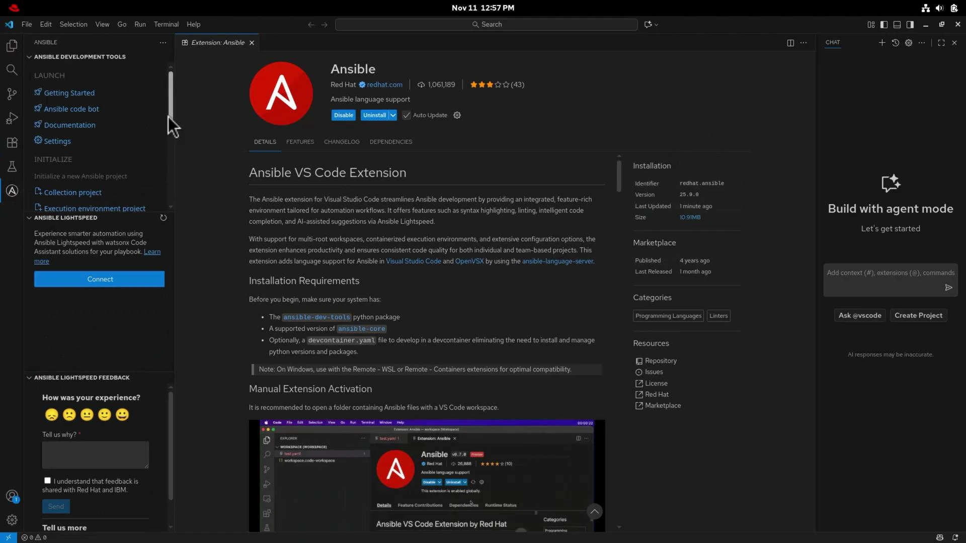 A screenshot of Visual Studio Code displaying the Ansible extension page (by Red Hat) with details, installation requirements, and a preview image. The left sidebar shows Ansible development tools and the right panel has a "Build with agent mode" prompt.