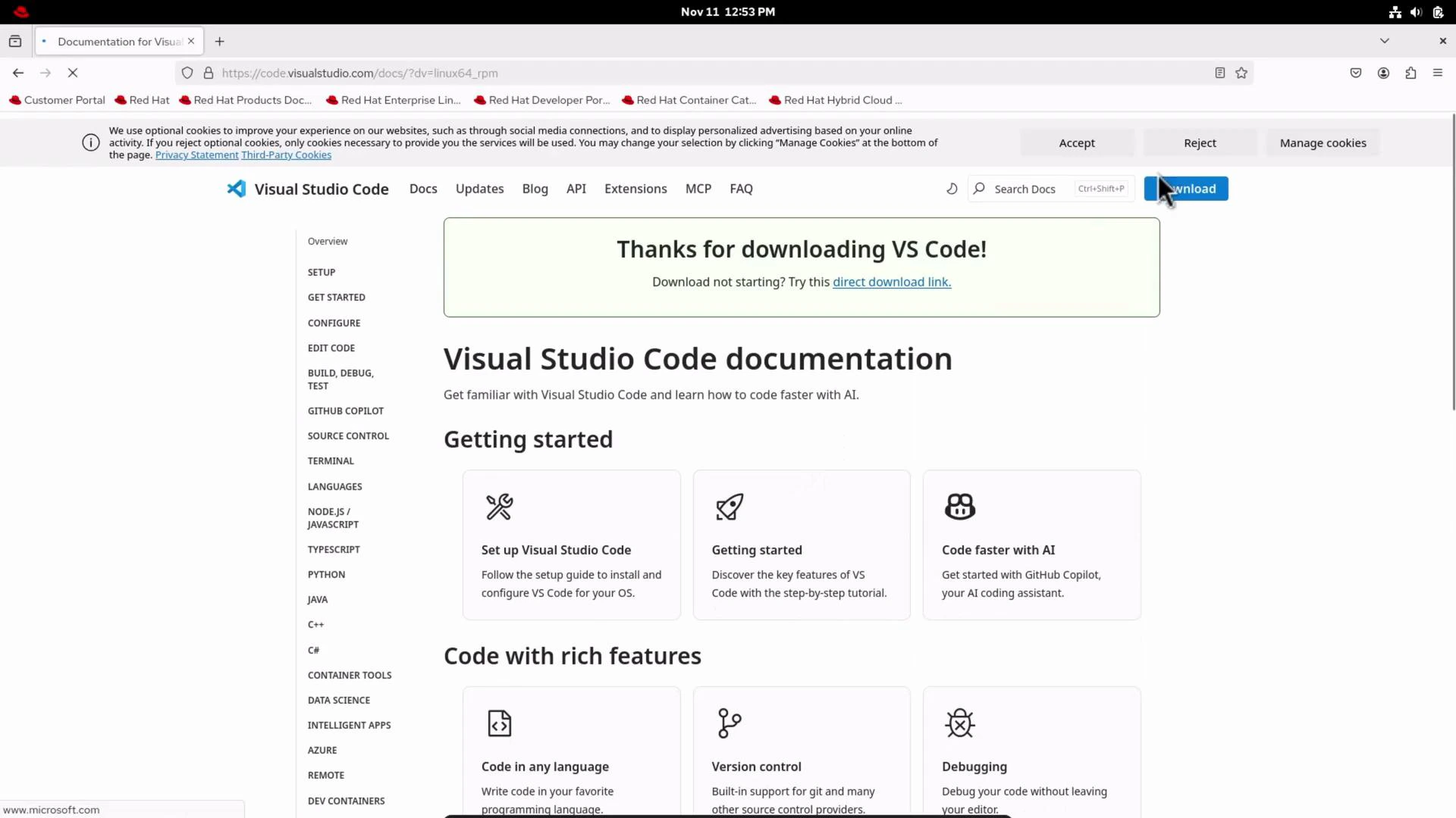 A web browser screenshot showing the Visual Studio Code documentation page, with a “Thanks for downloading VS Code!” banner at the top and "Getting started" and feature sections below. The left sidebar lists docs topics and a Download button is visible in the toolbar.
