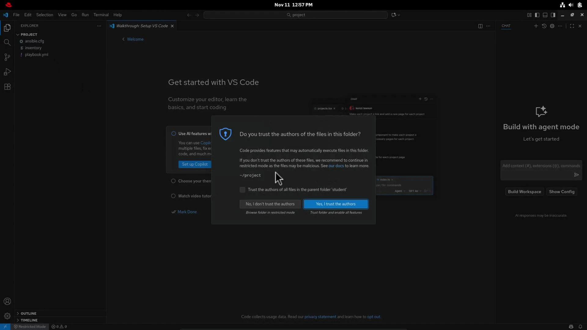 A Visual Studio Code window displaying the Welcome screen with a central modal asking "Do you trust the authors of the files in this folder?" and buttons to trust or not trust. The Explorer shows a "project" folder (with ansible.cfg, inventory, playbook.yml) and an agent/agent-mode panel on the right.