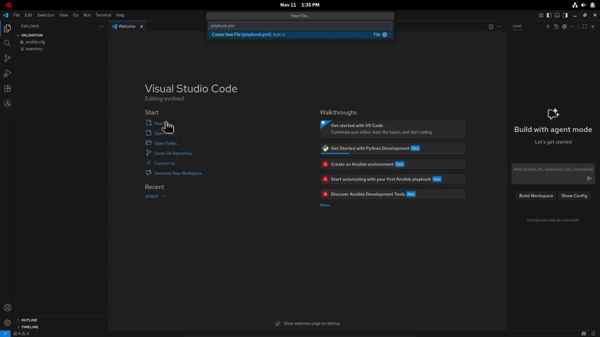 A dark-themed Visual Studio Code welcome screen with the Explorer sidebar showing project files. A "New File" dialog suggesting "playbook.yml" is open, with walkthroughs and a "Build with agent mode" panel on the right.