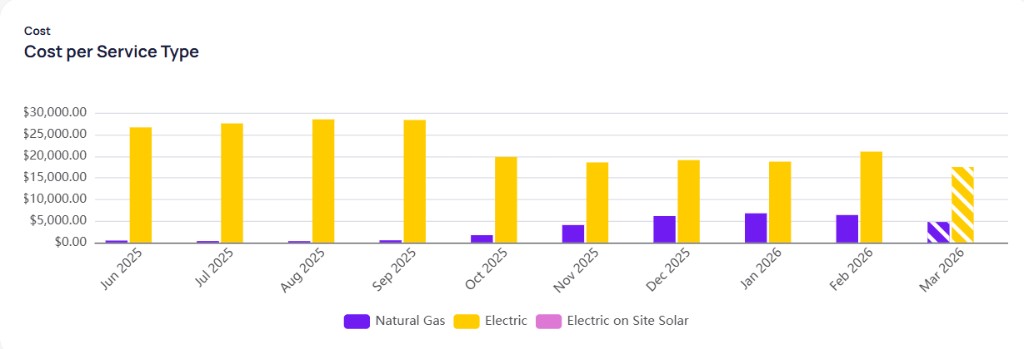 Cost per Service Type chart with purple Natural Gas and yellow Electric bars by month from June 2025 to March 2026 with striped March 2026 bars