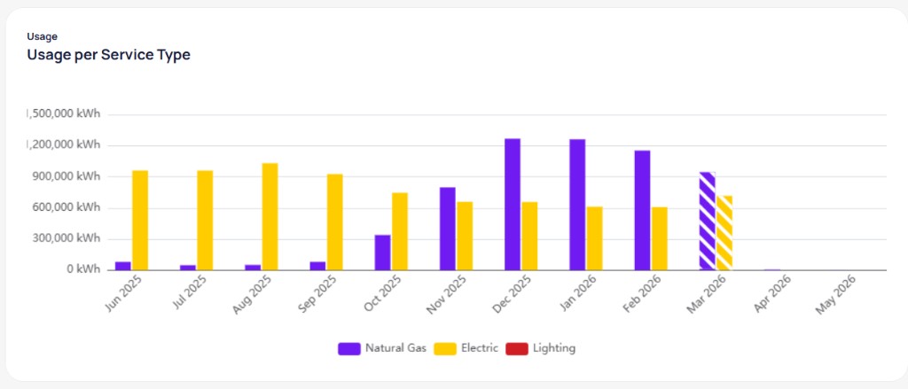 Usage per Service Type chart with grouped bars by month from June 2025 to May 2026 showing Natural Gas in purple and Electric in yellow with striped bars for March 2026