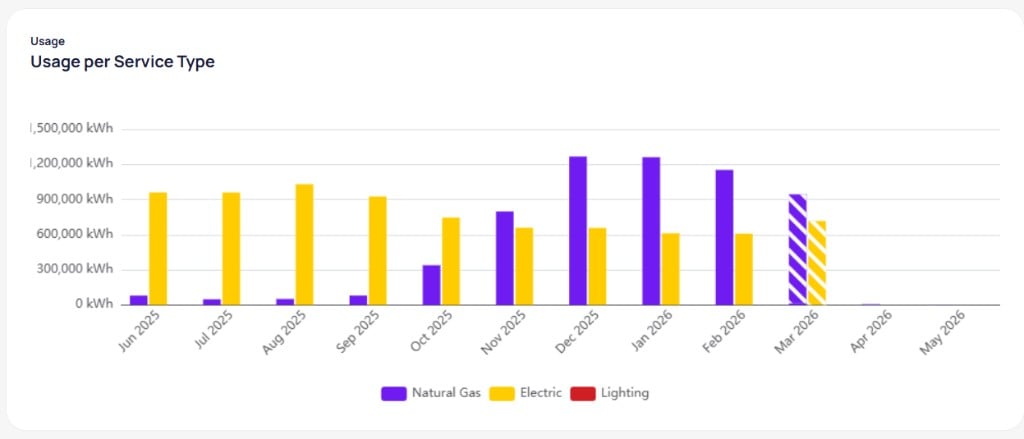 Usage per Service Type chart with grouped bars by month from June 2025 to May 2026 showing Natural Gas in purple and Electric in yellow with striped bars for March 2026