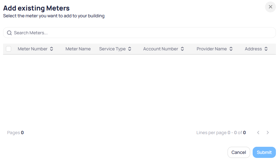 Add existing Meters modal with Search Meters and empty table pagination 0 of 0 with Cancel and Submit