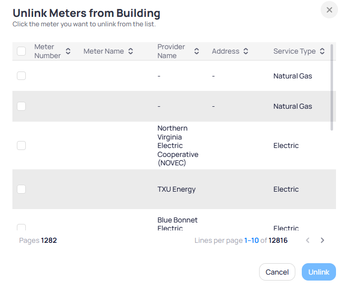 Unlink Meters from Building modal with meter table showing meter numbers names providers addresses service types Natural Gas and Electric checkboxes and pagination 1-10 of 12816