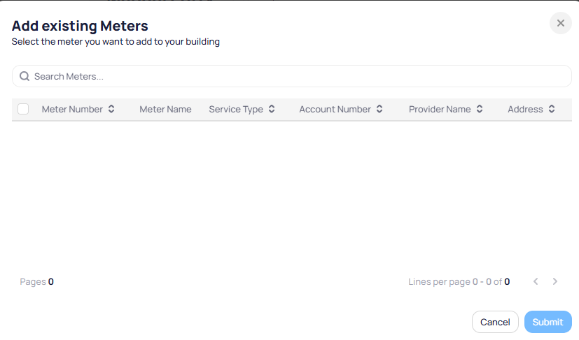 Add existing Meters modal with Search Meters empty table and pagination 0 of 0 with Cancel and Submit buttons