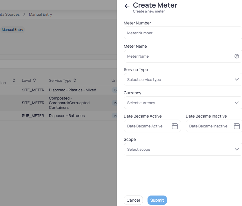 Create Meter side panel with Meter Number Meter Name Service Type Currency Date Became Active Date Became Inactive Scope dropdowns and Cancel Submit buttons