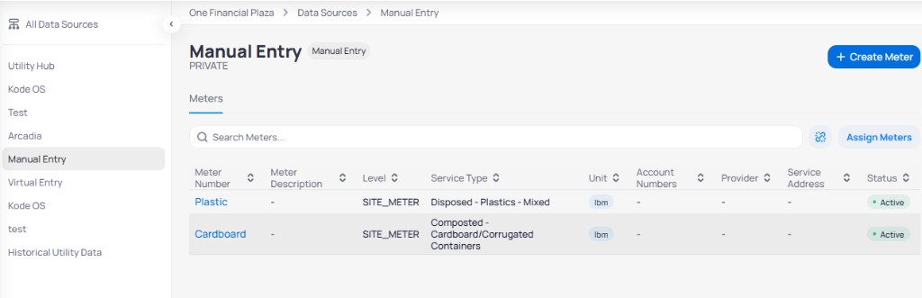 Manual Entry page for One Financial Plaza with Meters tab Search Meters Create Meter and Assign Meters buttons and table showing Plastic and Cardboard waste meters with Service Type Disposed Plastics and Composted Cardboard lbm unit and Active status
