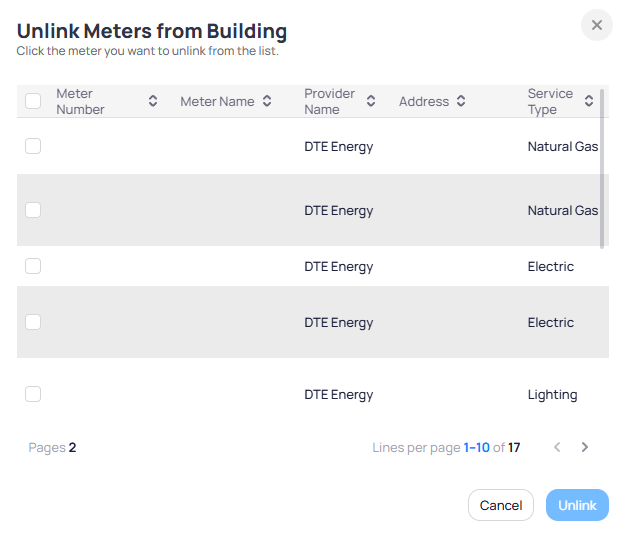Unlink Meters from Building modal with meter table showing DTE Energy meters with Electric Natural Gas and Lighting service types addresses and checkboxes with Cancel and Unlink buttons