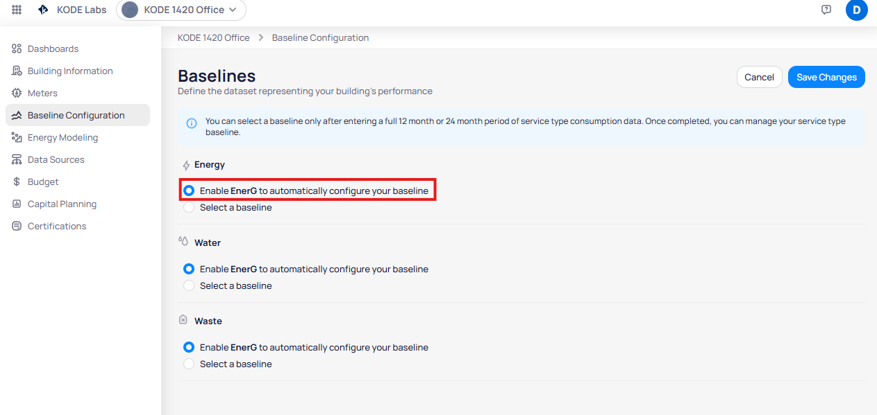 Baselines page in edit mode showing info banner about 12 or 24 month data requirements, with Enable EnerG to automatically configure your baseline selected for Energy, and Save Changes button