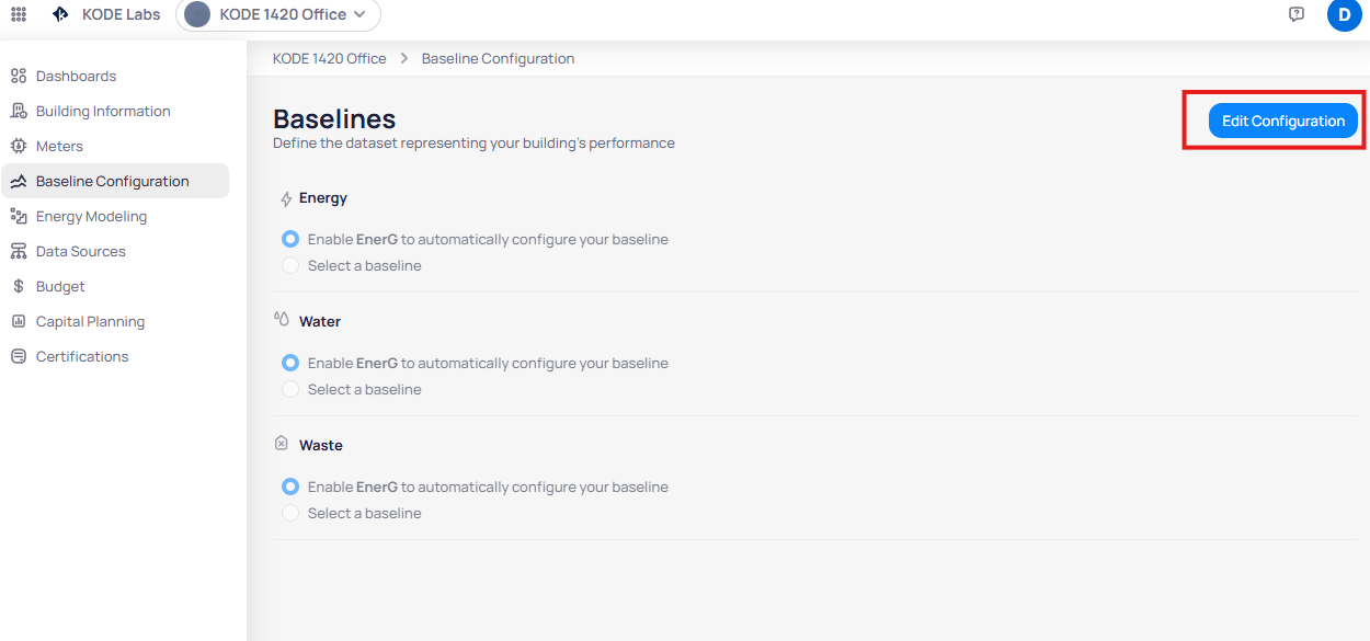 Baselines page with Energy, Water, and Waste sections each showing the auto-configure option selected, and an Edit Configuration button in the top-right corner
