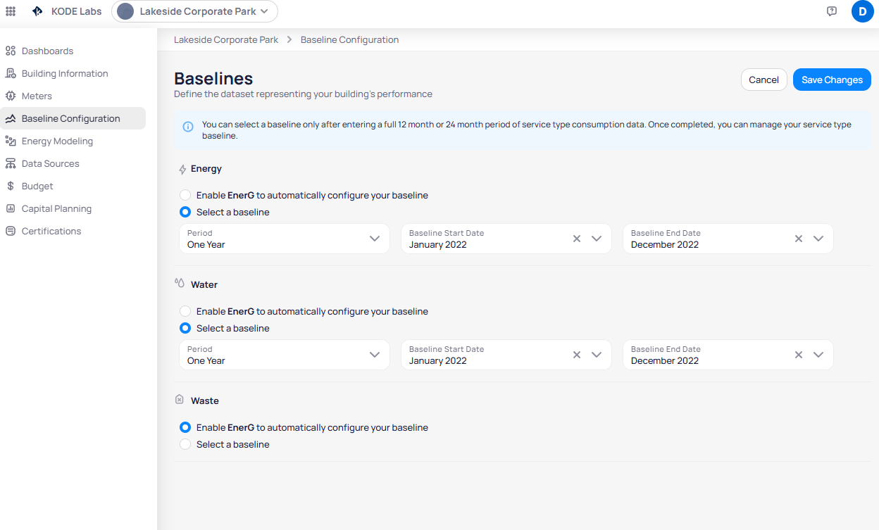 Baselines page in edit mode with Select a baseline chosen for Energy and Water showing Period One Year and dates January 2022 to December 2022 while Waste uses auto-configure