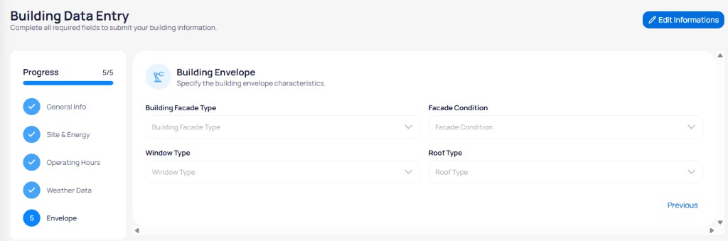 Building Data Entry Envelope step showing dropdown fields for Building Facade Type Facade Condition Window Type and Roof Type with progress sidebar showing step 5 active