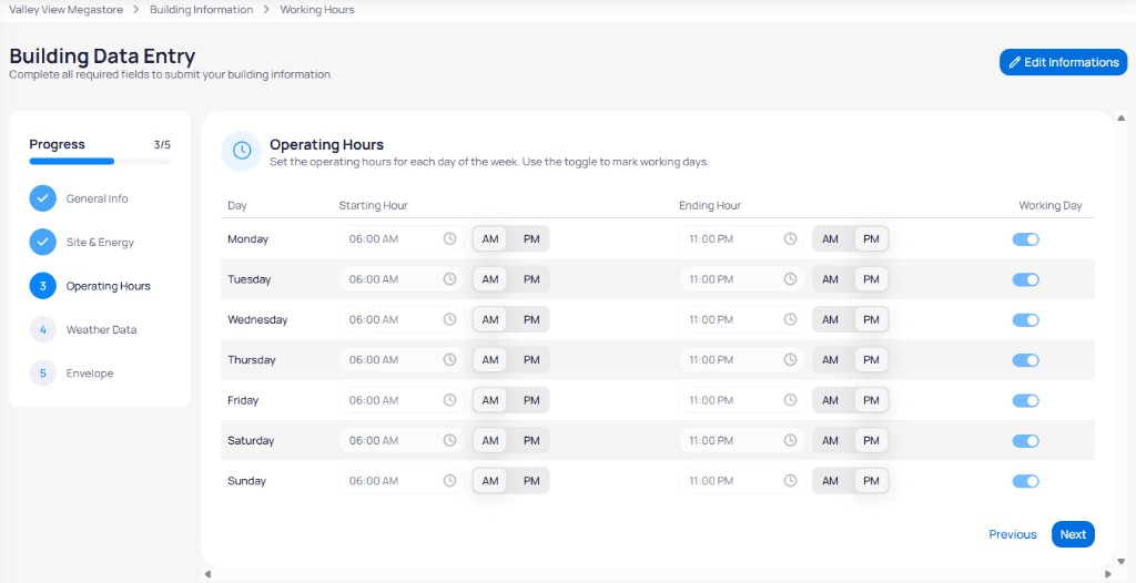 Building Data Entry Operating Hours step with table for each day showing Starting Hour 06:00 AM Ending Hour 11:00 PM and Working Day toggles enabled for Monday through Sunday