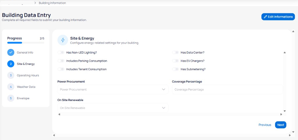 Building Data Entry Site and Energy step showing toggles for Has Non-LED Lighting Includes Parking Consumption Includes Tenant Consumption Has Data Center Has EV Chargers and Has Submetering, plus Power Procurement Coverage Percentage and On Site Renewable dropdowns